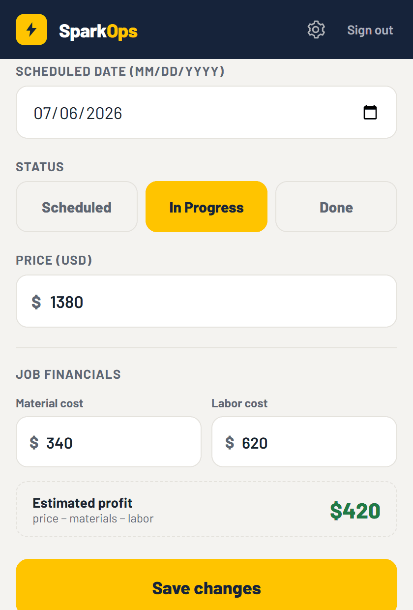 Job financials in SparkOps showing estimated profit